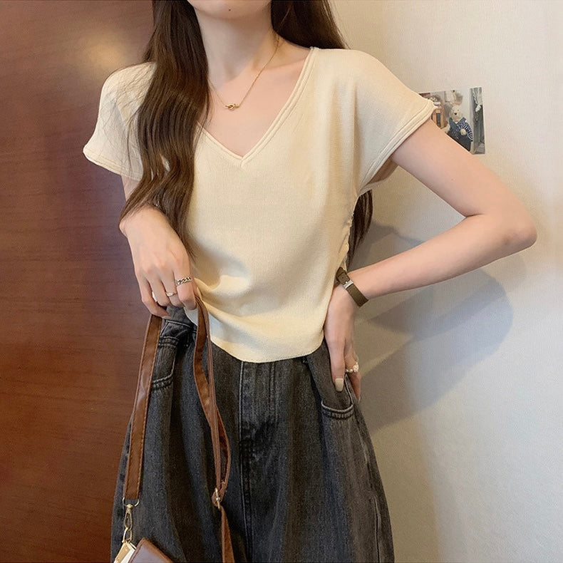 V-neck Batwing Sleeve Ruched Side Knitted Top