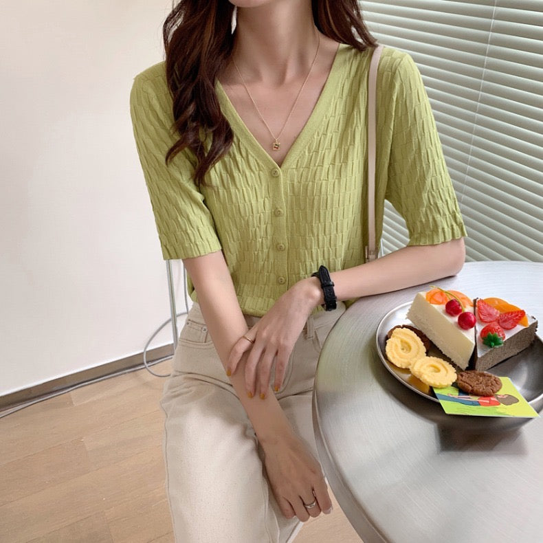 Button-up V-neck Embossed Pattern Knitted Top