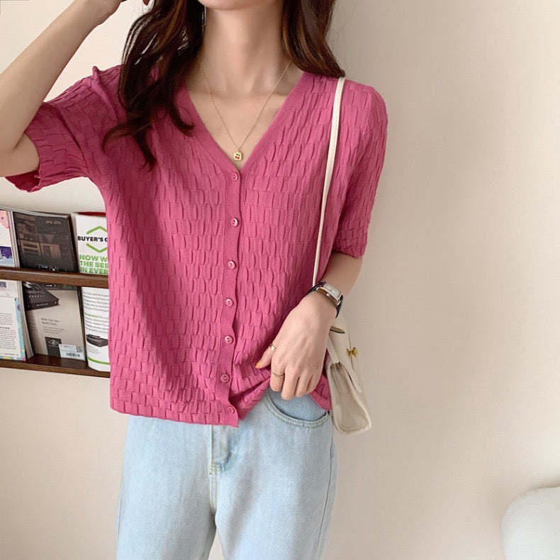 Button-up V-neck Embossed Pattern Knitted Top