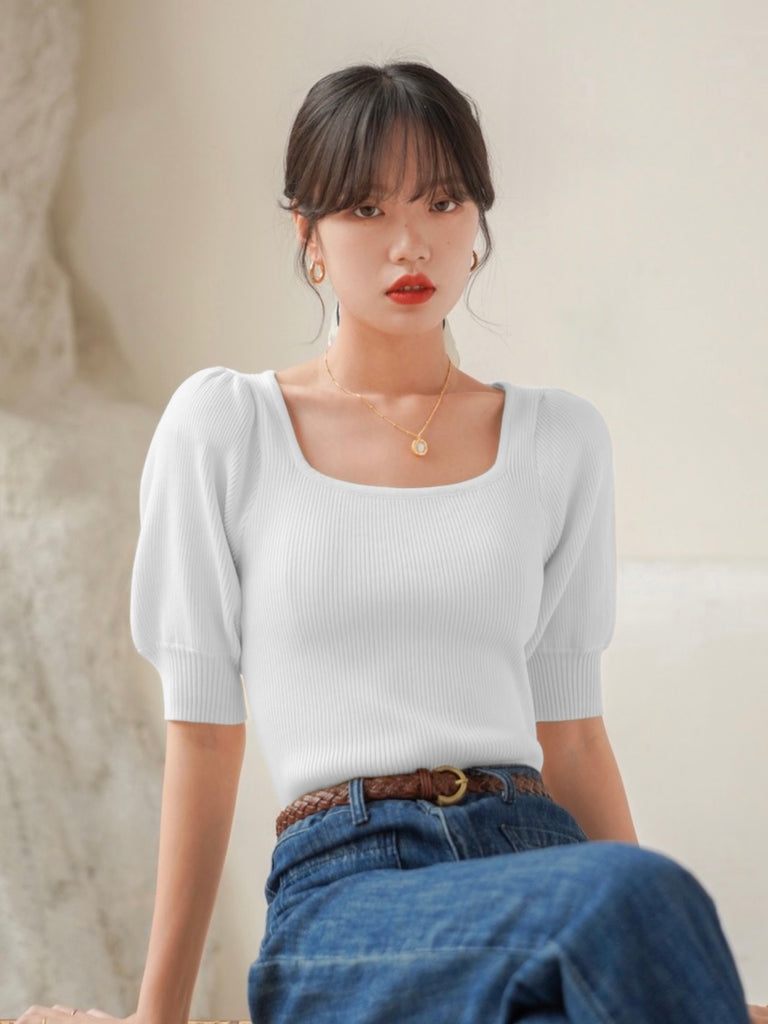 Square Neck Puff Sleeve Knitted Top