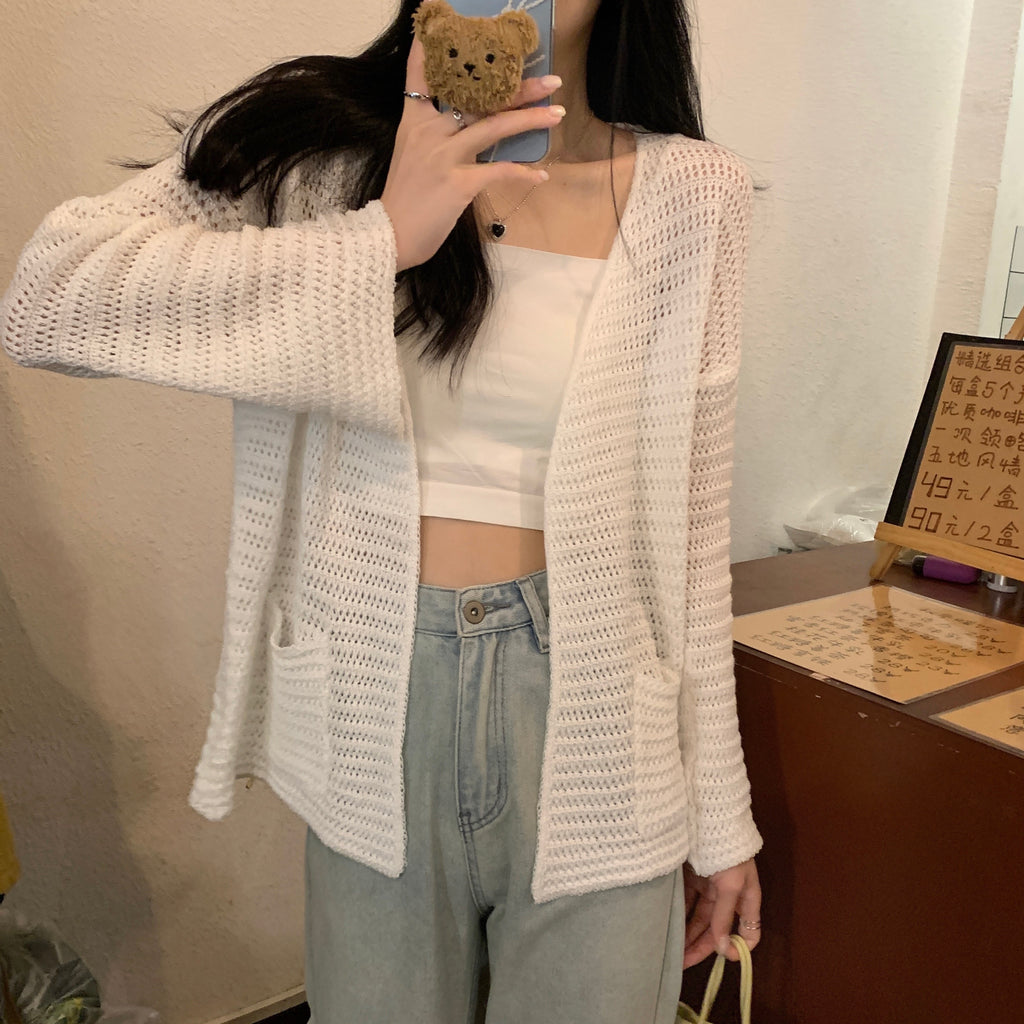 2 Side Open Pocket Hollow-out Long Sleeve Woolen Knitted Loose Cover-up Top