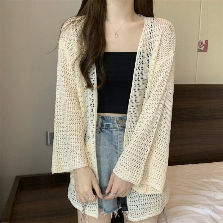 2 Side Open Pocket Hollow-out Long Sleeve Woolen Knitted Loose Cover-up Top