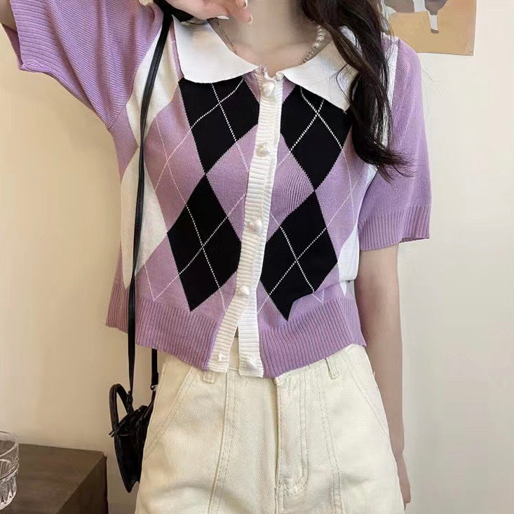 Button-up Polo Neck Geometric Pattern Knitted Top