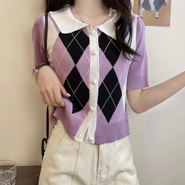 Button-up Polo Neck Geometric Pattern Knitted Top