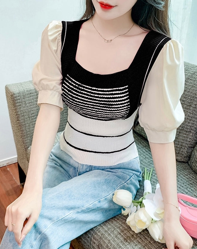 Puff Sleeve Square Neck Knitted Top