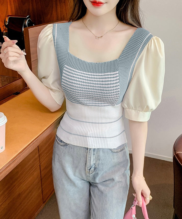 Puff Sleeve Square Neck Knitted Top