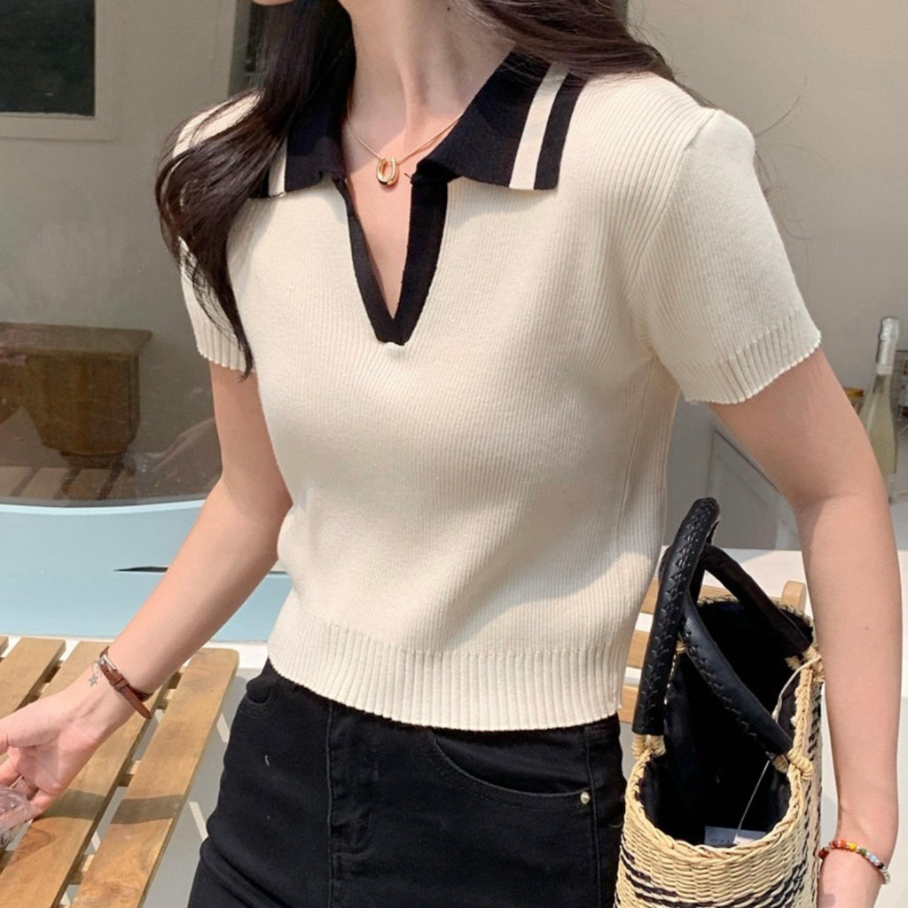 Polo V-neck Two Tone Knitted Top