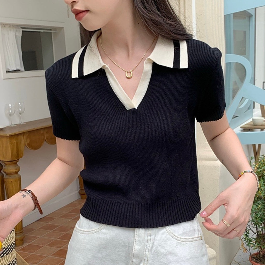 Polo V-neck Two Tone Knitted Top