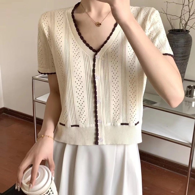 Buttons Detail Eyelet Pattern Knitted Top