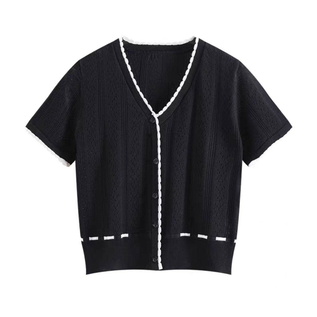 Buttons Detail Eyelet Pattern Knitted Top