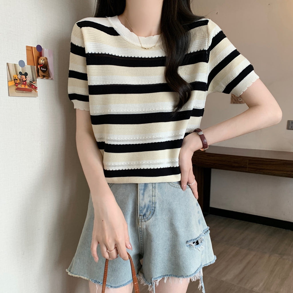 Embossed Multi Stripe Eyelet Notch Pattern Round Neck Loose Knitted Top