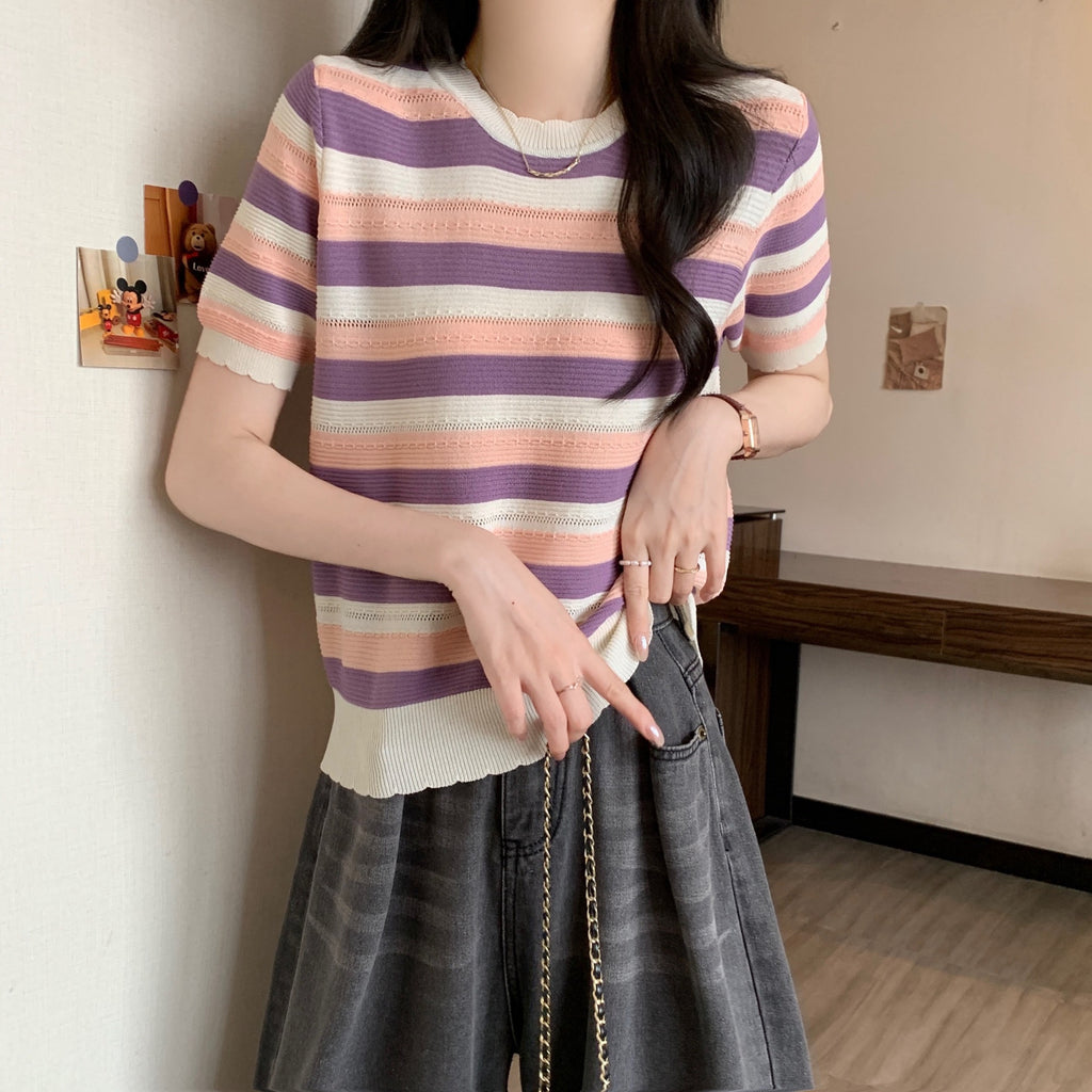 Embossed Multi Stripe Eyelet Notch Pattern Round Neck Loose Knitted Top