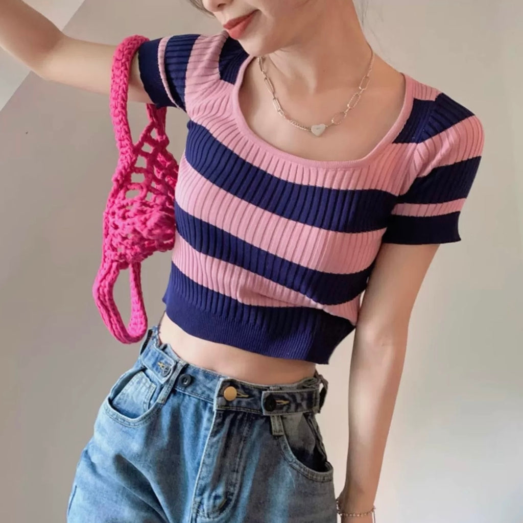 Square Neck Color Contrasted Stripe Knitted Top