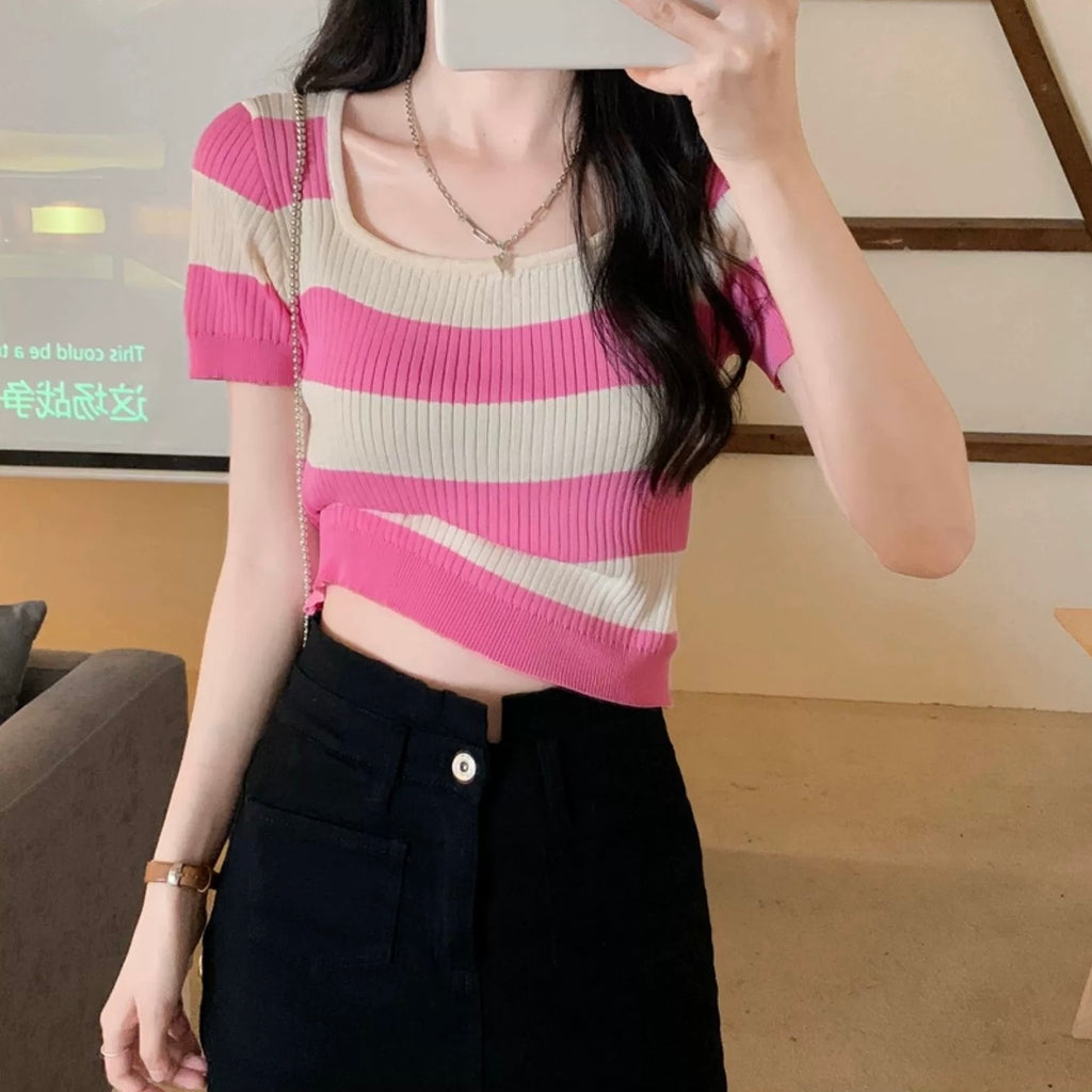 Square Neck Color Contrasted Stripe Knitted Top
