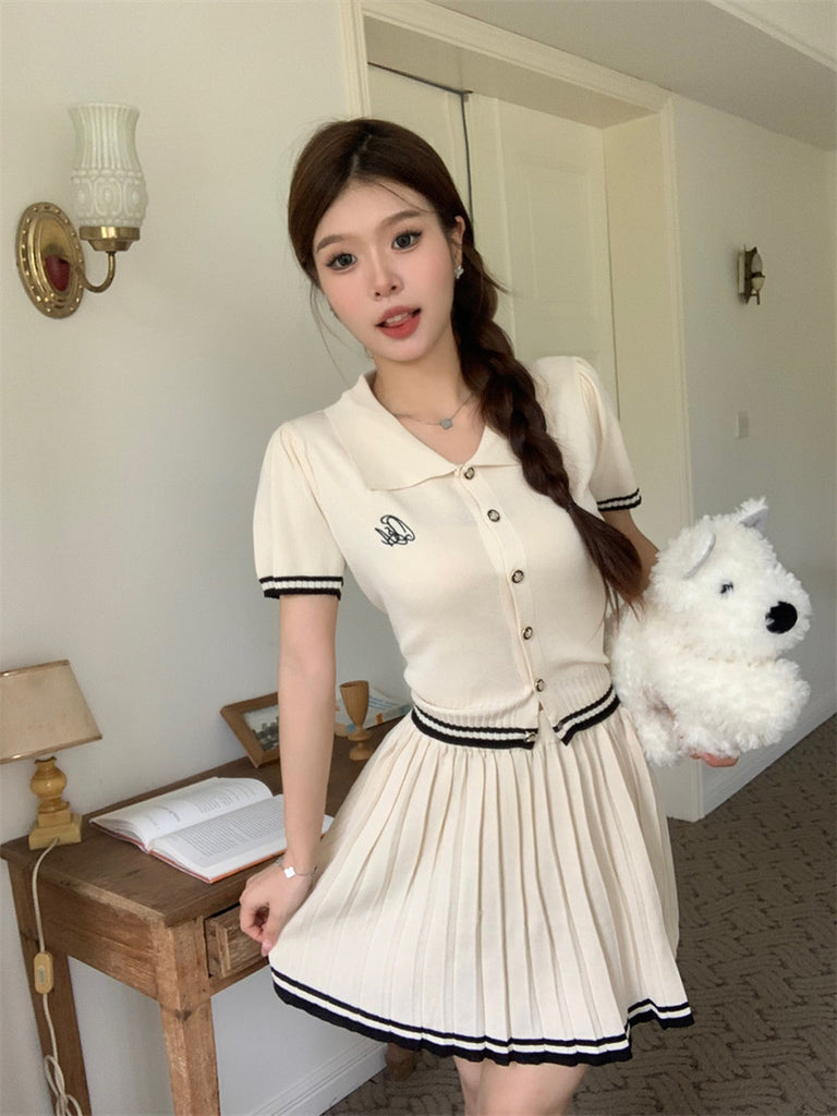 Knitted College Style Collar Neck Embroidery Front Button Down Top & Garter Waist Pleated Skirt