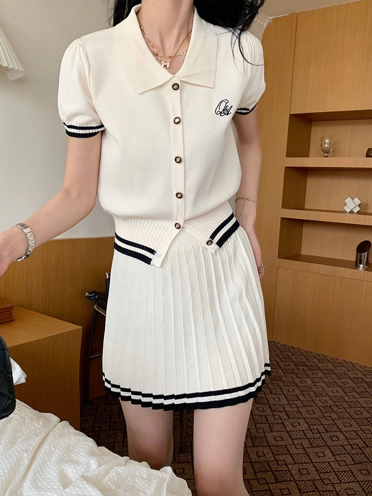 Knitted College Style Collar Neck Embroidery Front Button Down Top & Garter Waist Pleated Skirt