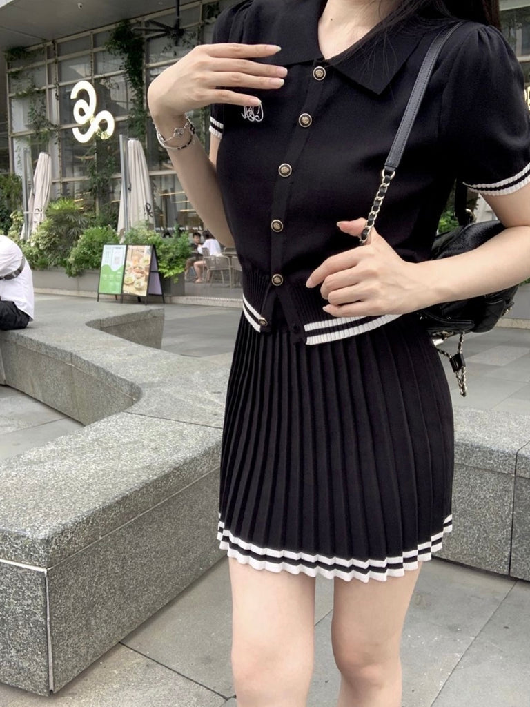 Knitted College Style Collar Neck Embroidery Front Button Down Top & Garter Waist Pleated Skirt