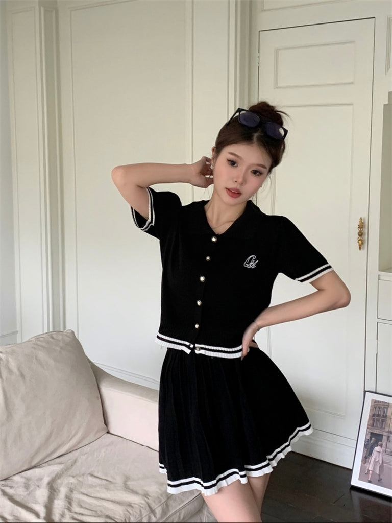 Knitted College Style Collar Neck Embroidery Front Button Down Top & Garter Waist Pleated Skirt