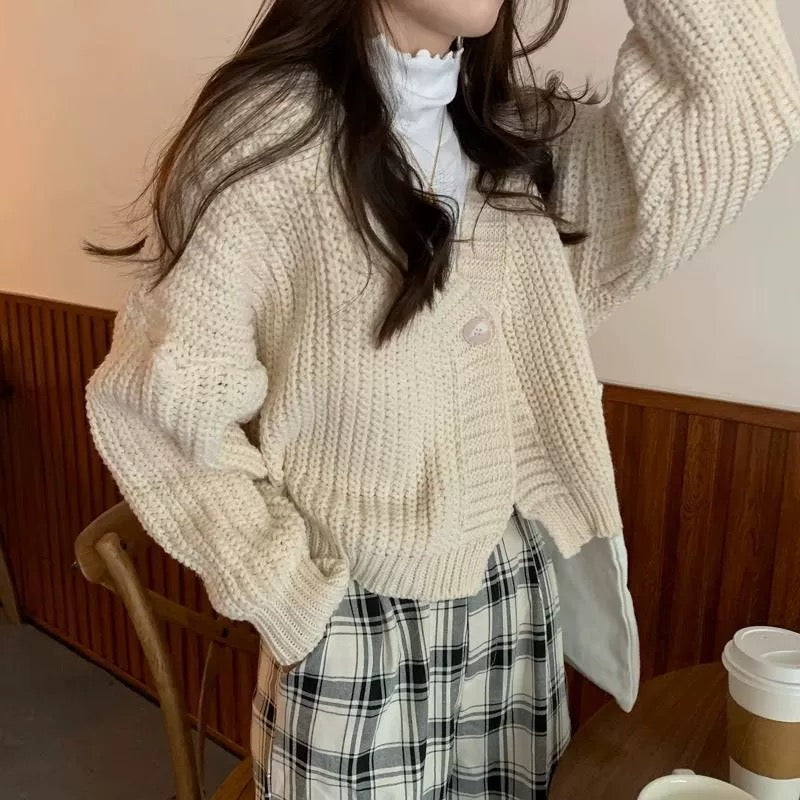 Korean Style All-match One Button V-neck Long Sleeve Knitted Cardigan Top