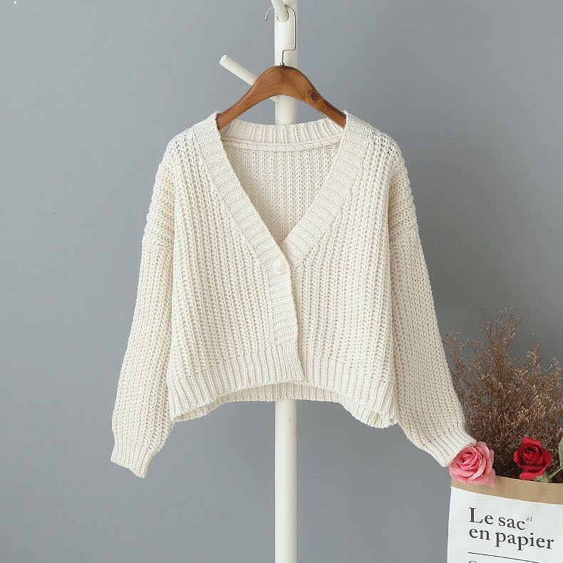 Korean Style All-match One Button V-neck Long Sleeve Knitted Cardigan Top