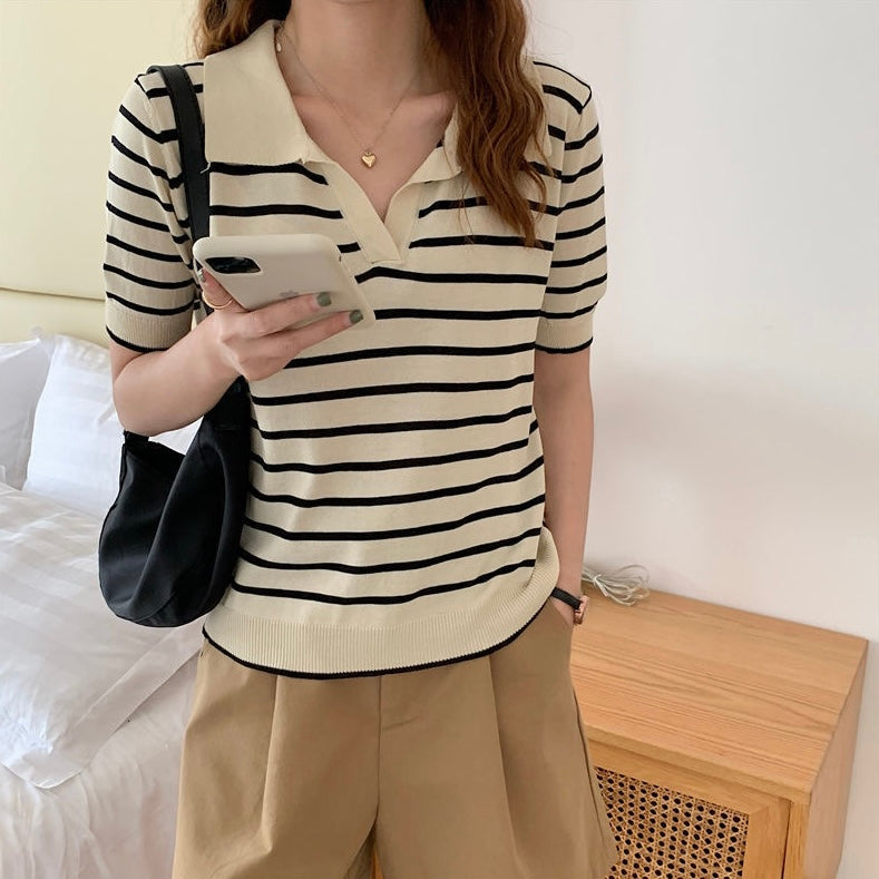 Polo V-neck Stripe Knitted Top