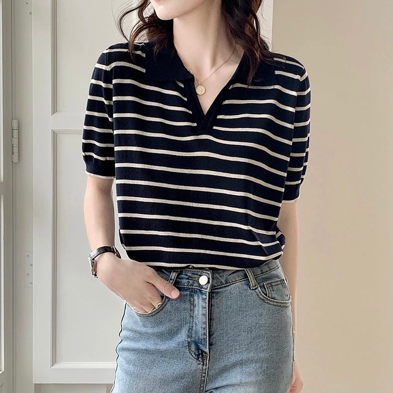 Polo V-neck Stripe Knitted Top
