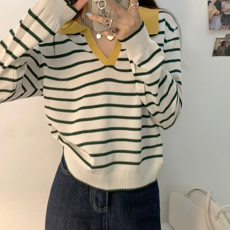 Collar Neck Long Sleeve Stripe Knitted Top