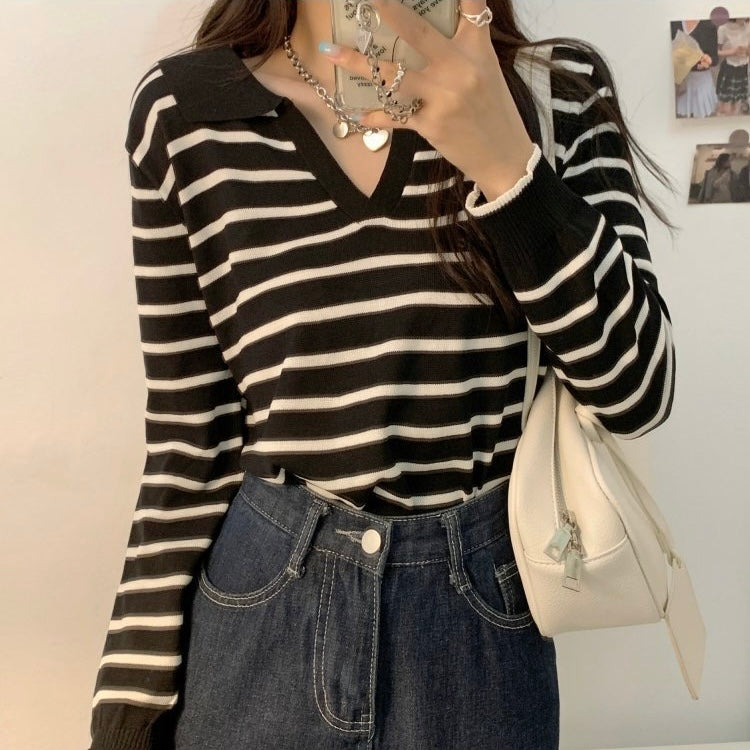 Collar Neck Long Sleeve Stripe Knitted Top