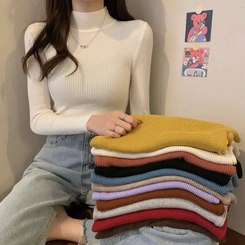 Half Turtle Neck Long Sleeve Soft Knitted Top