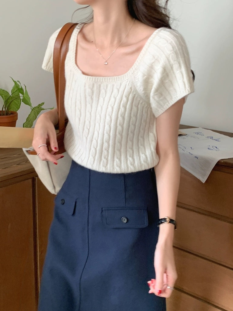 Square Neck Twisted Pattern Knitted Top