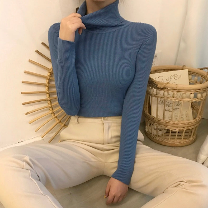 Turtle Neck All-match Solid Long Sleeve Soft Knitted Top
