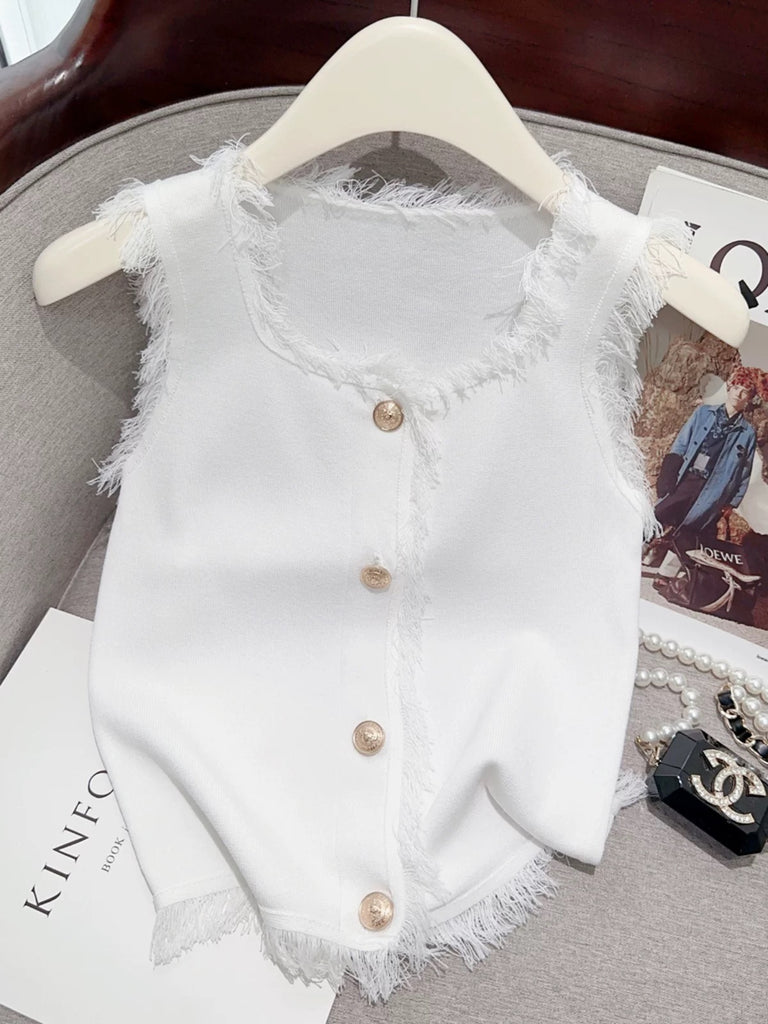 Square Neck Button Down Tassel Knitted Top