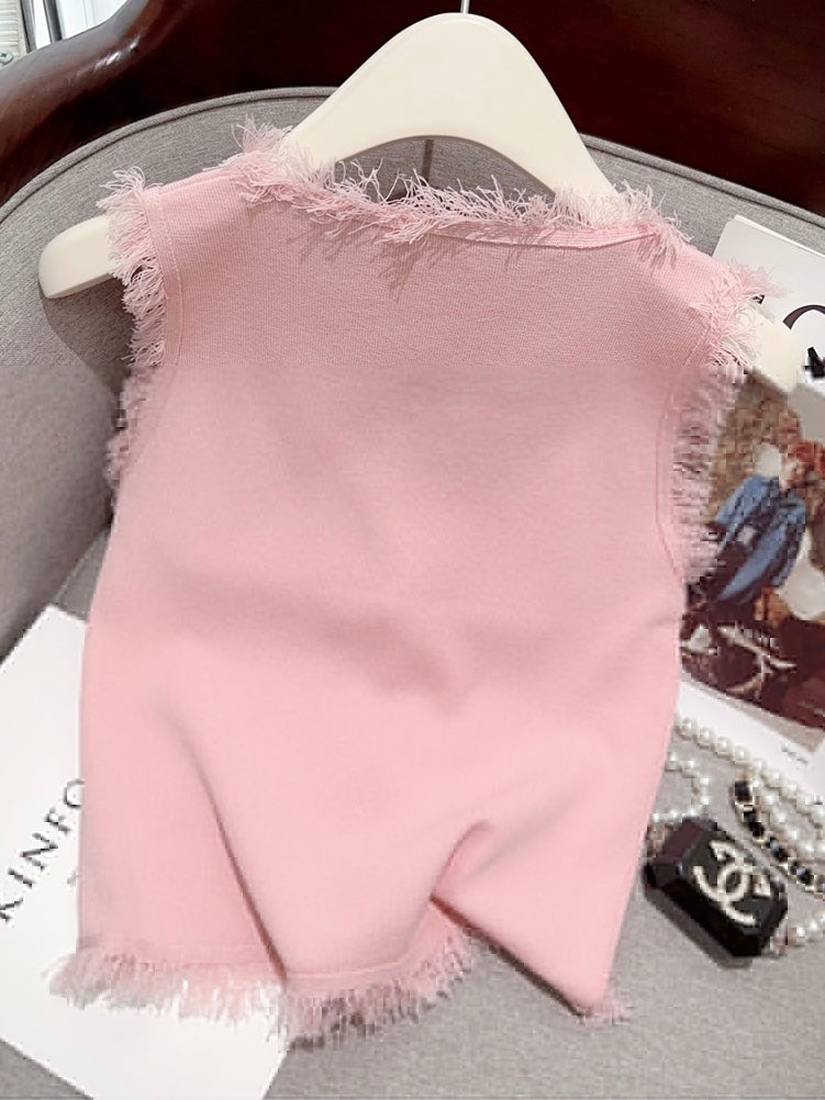 Square Neck Button Down Tassel Knitted Top