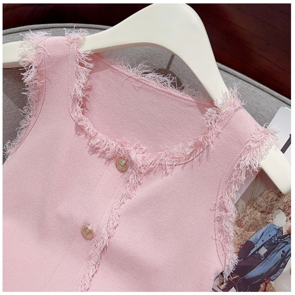 Square Neck Button Down Tassel Knitted Top