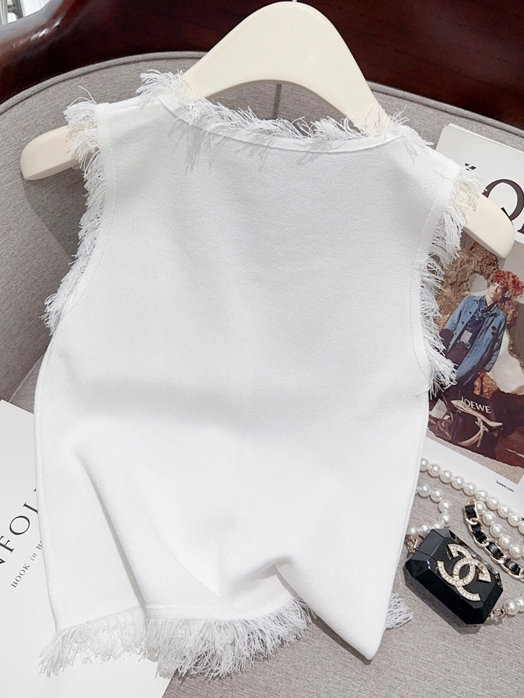 Square Neck Button Down Tassel Knitted Top