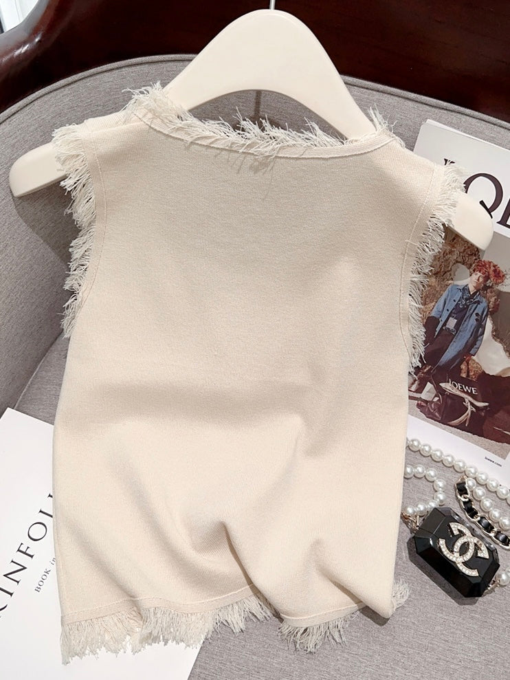 Square Neck Button Down Tassel Knitted Top