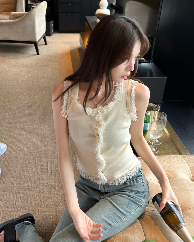 Square Neck Button Down Tassel Knitted Top