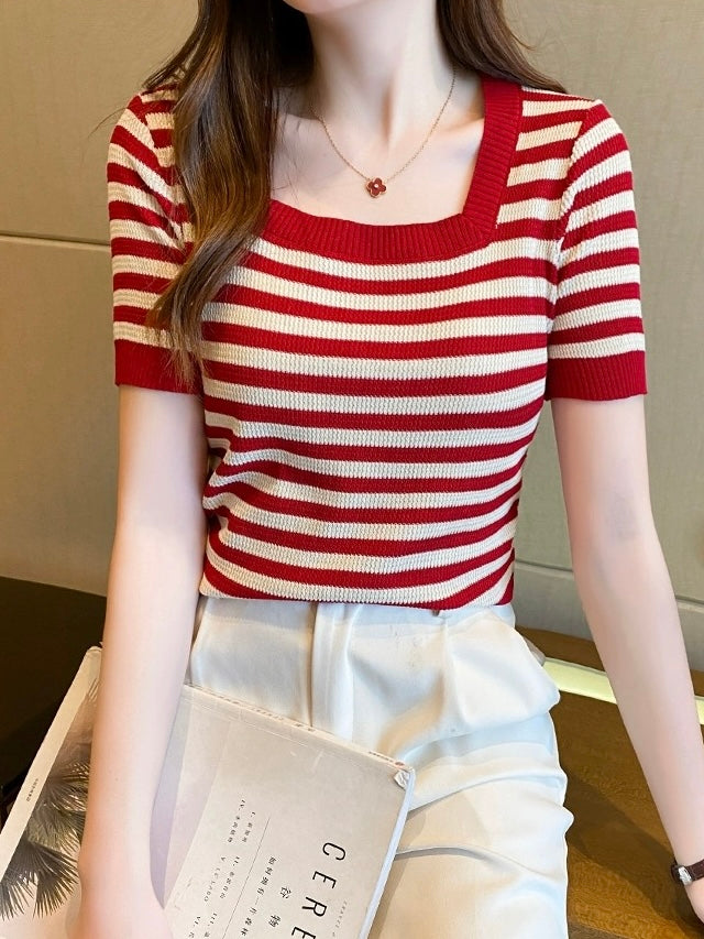 All Match Square Neck Stripe Knitted Top