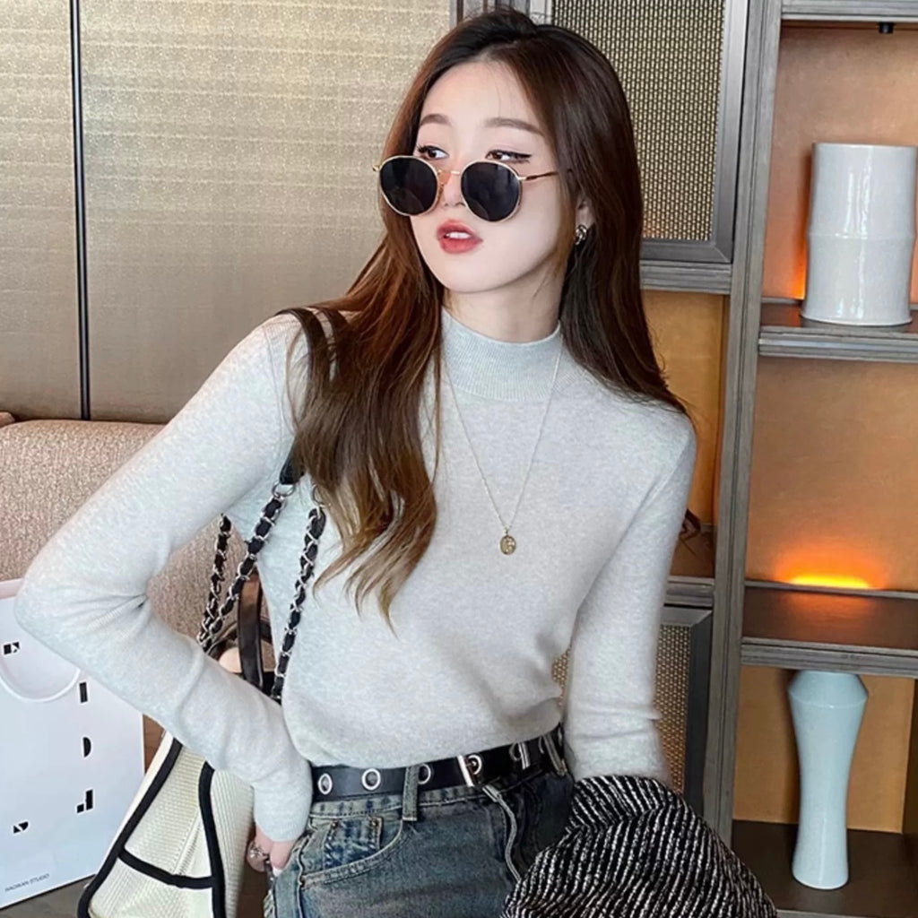 Turtle Neck Long Sleeve Solid Soft Knitted Top