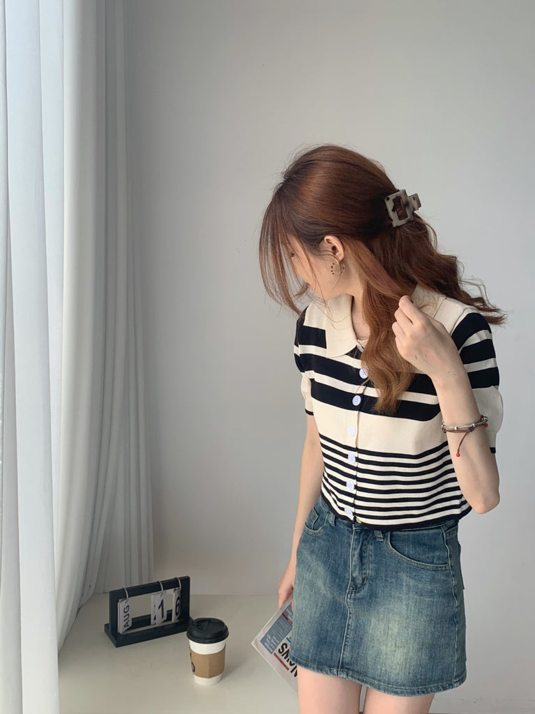 Button Down Collar Neck Stripe Knitted Top