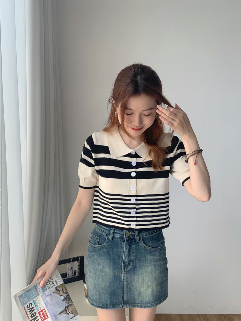 Button Down Collar Neck Stripe Knitted Top