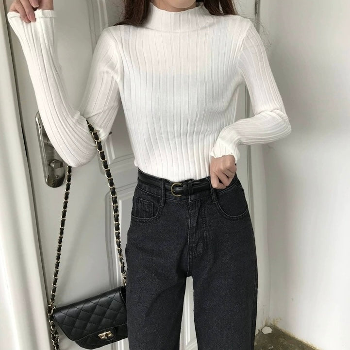 Turtle Neck Embossed Line Pattern Long Sleeve Soft Knitted Top