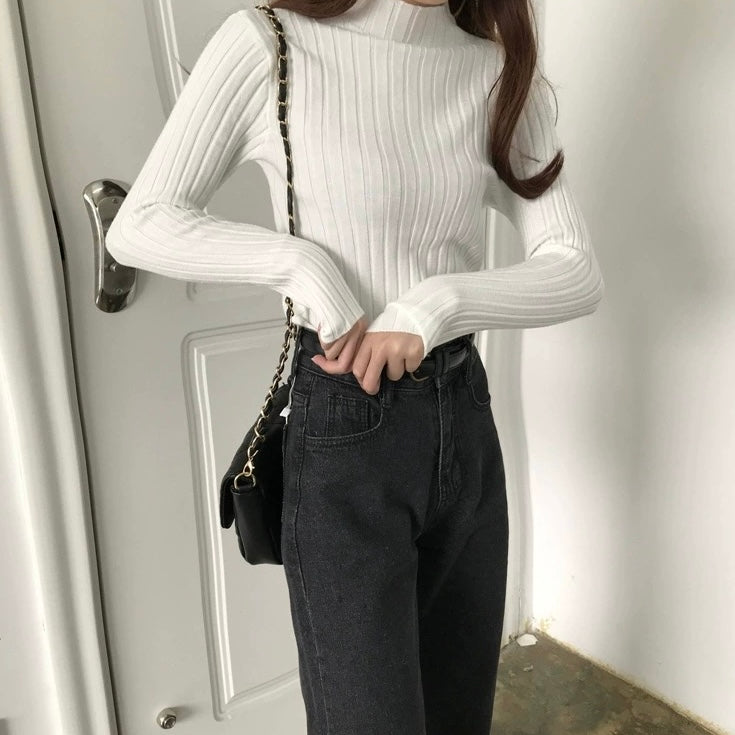 Turtle Neck Embossed Line Pattern Long Sleeve Soft Knitted Top