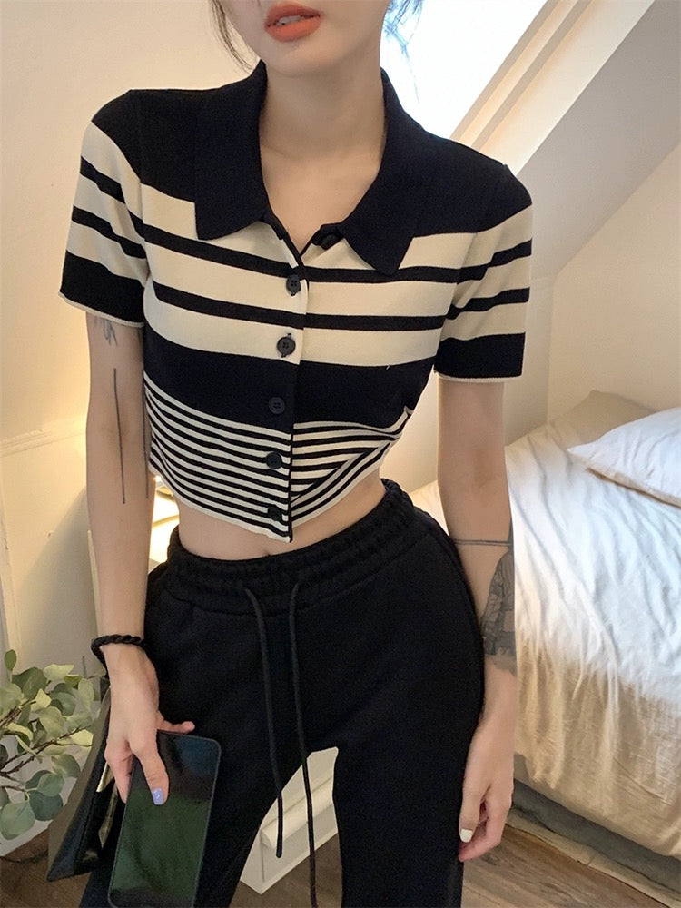 Button Down Collar Neck Stripe Knitted Top