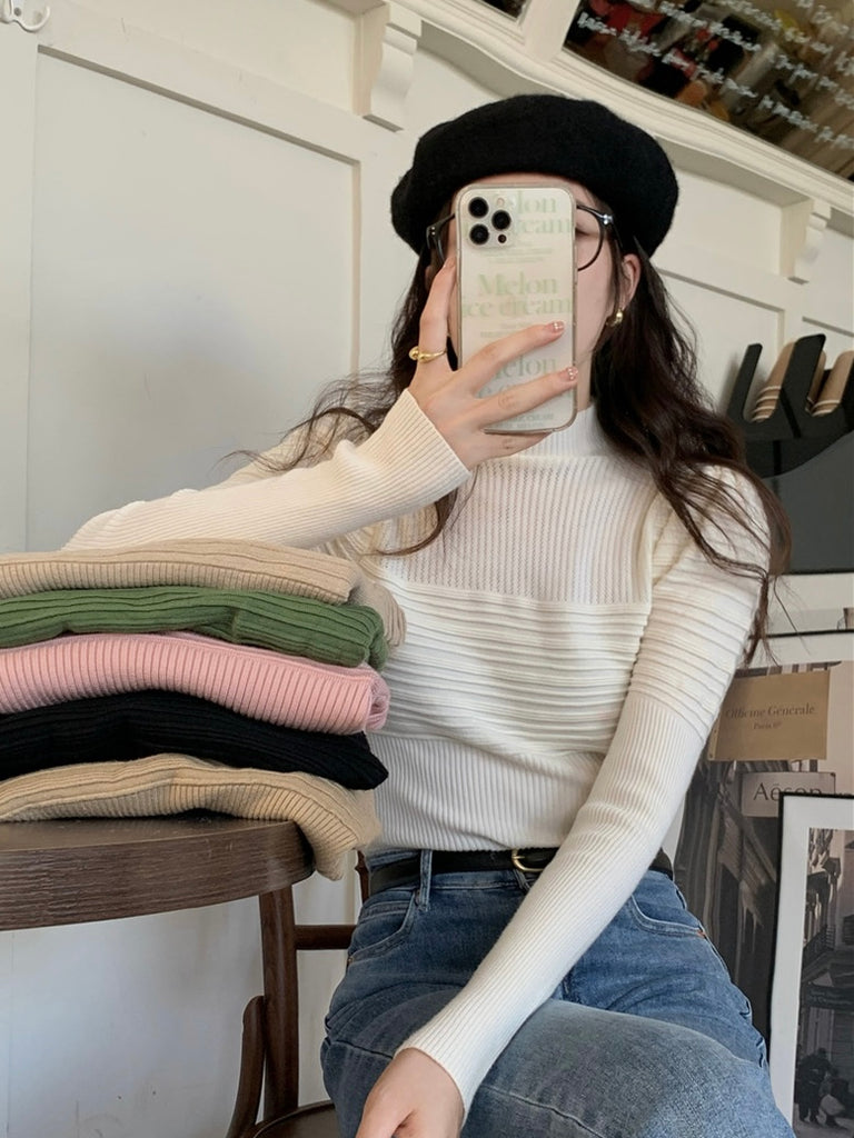 Turtle Neck Long Sleeve Puff Sleeve Knitted Top