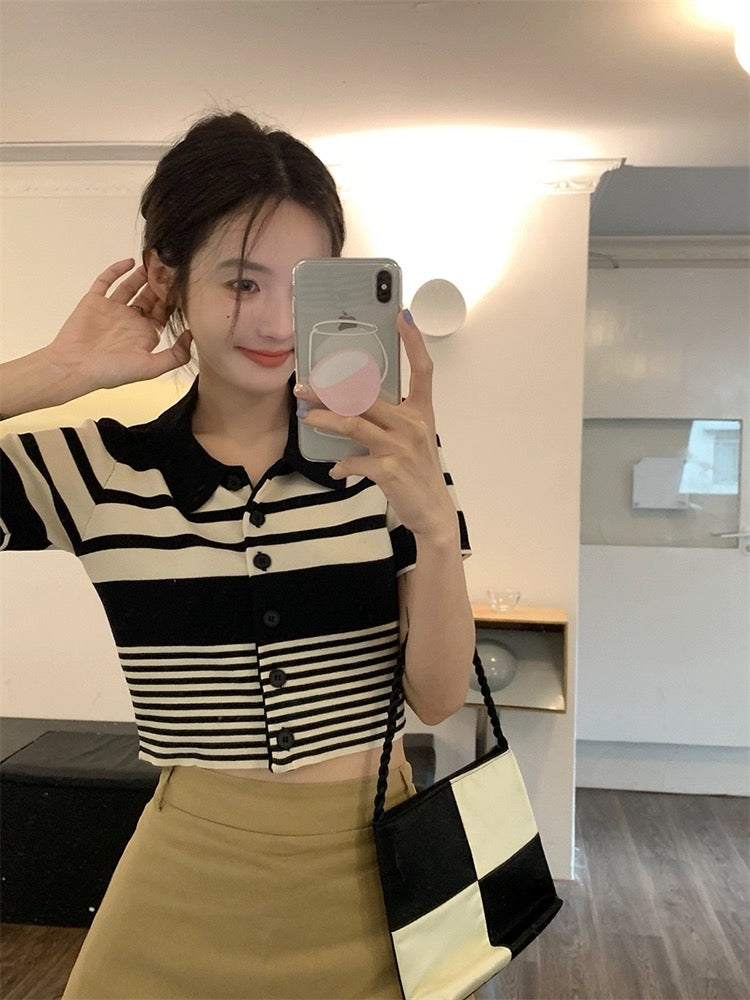 Button Down Collar Neck Stripe Knitted Top