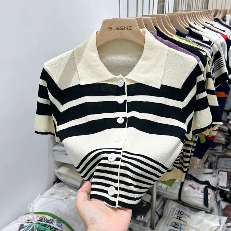 Button Down Collar Neck Stripe Knitted Top