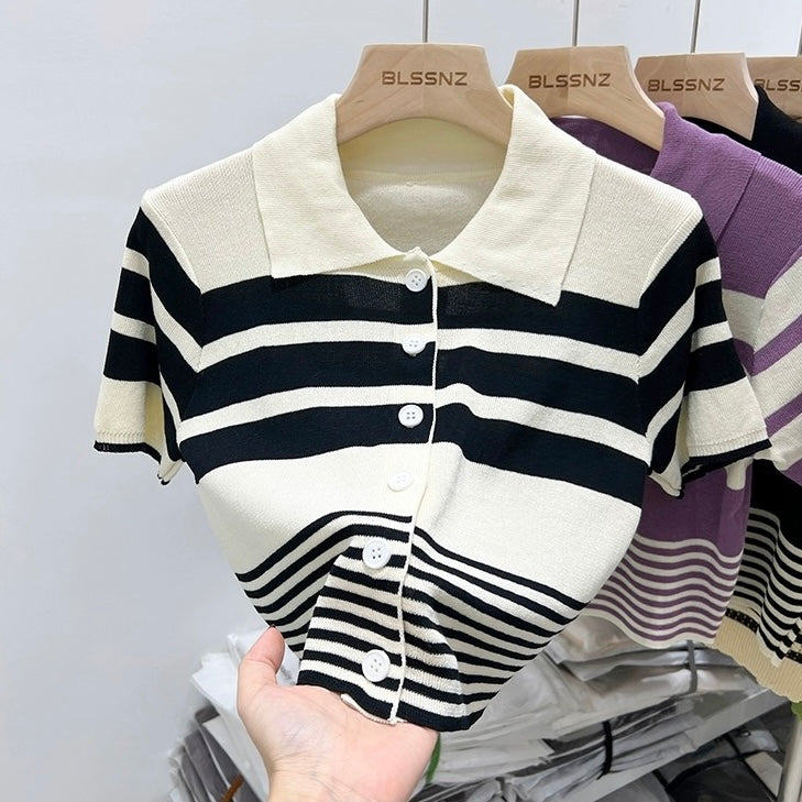 Button Down Collar Neck Stripe Knitted Top