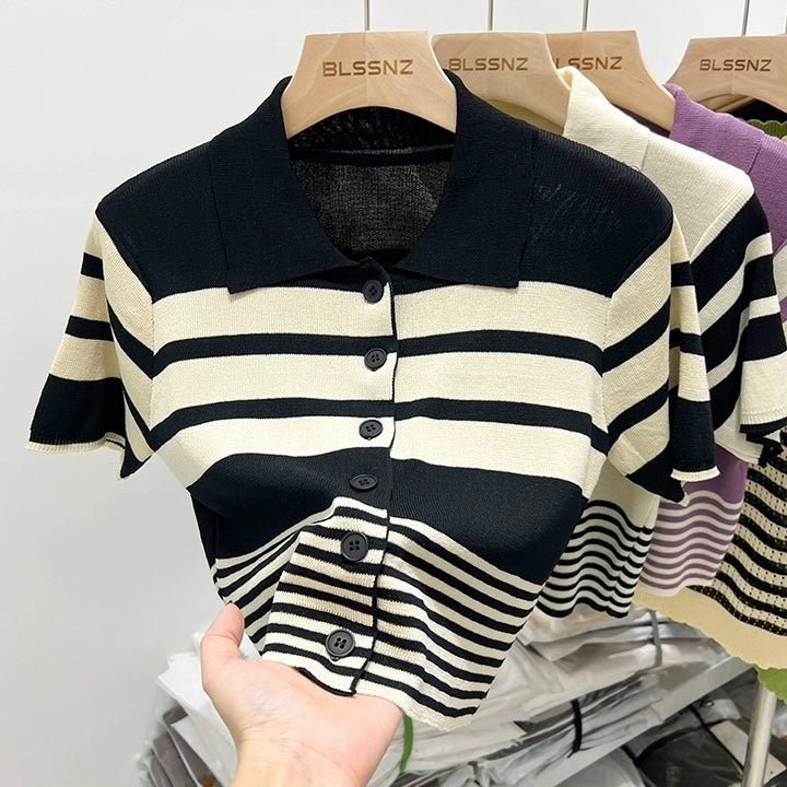 Button Down Collar Neck Stripe Knitted Top