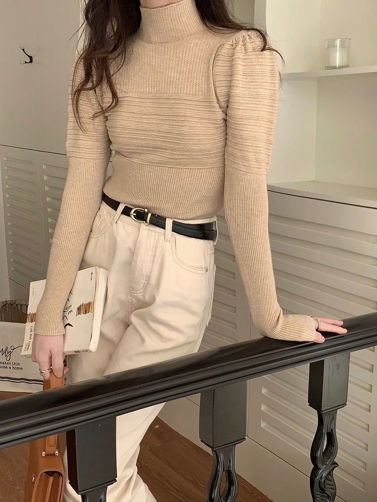 Turtle Neck Long Sleeve Puff Sleeve Knitted Top